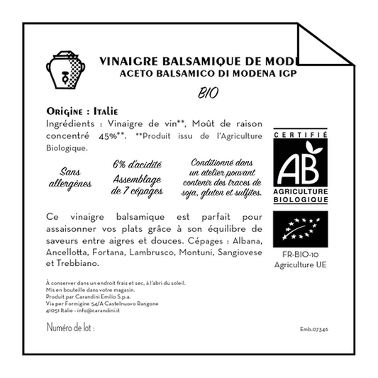 Jean Bouteille -- Contre étiquette Vinaigre balsamique de Modène Bio - lot de 50
