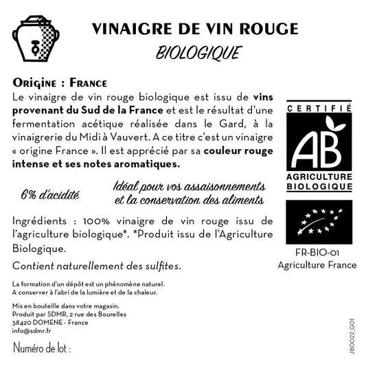 Jean Bouteille -- Contre étiquette Vinaigre de vin rouge 6% Bio - lot de 50