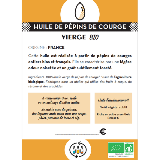 Jean Bouteille -- Etiquette pour BIB Huile de pépins de courge vierge Bio
