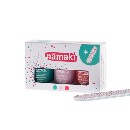 Namaki -- Coffret 3 vernis à ongles à base eau : Caraibes (10) - Rose pâle (15) - Corail (04) + lime offerte
