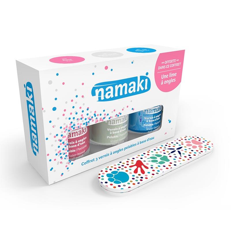Namaki -- Coffret 3 vernis à ongles pelables à base d'eau : Rose (02), Blanc (05), Bleu ciel (08) + lime offerte
