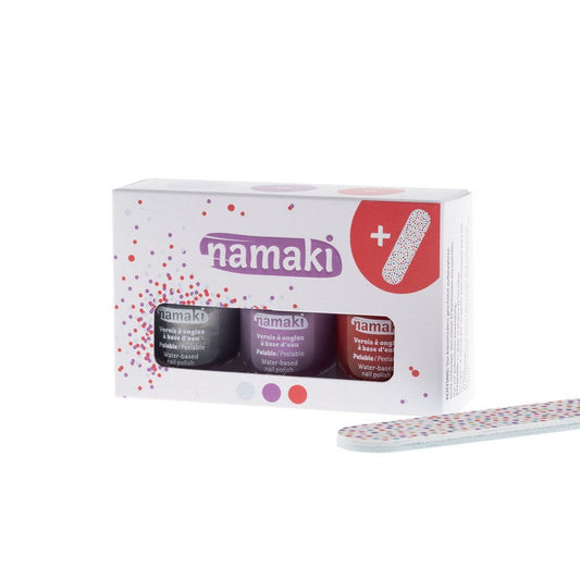 Namaki -- Coffret 3 vernis à ongles pelables base eau : Argent (06) - Mauve (16) - Griotte (11) + lime offerte