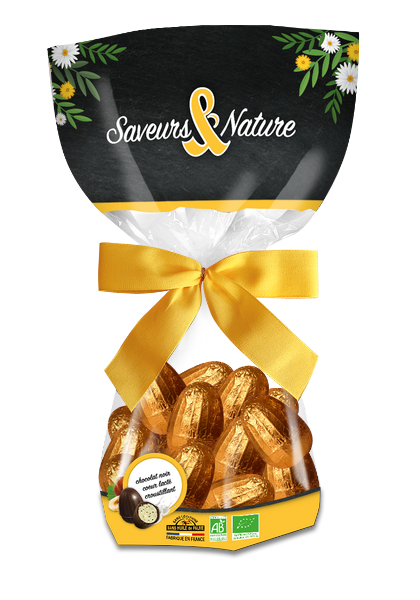 Saveurs & Nature -- Pâques - Sachet d’oeufs enrobés de chocolat noir au coeurs fondants et croustillants bio - 150 g
