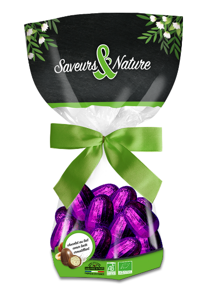 Saveurs & Nature -- Pâques - Sachet d’oeufs enrobés de chocolat au lait au coeurs fondants et croustillants bio - 150 g