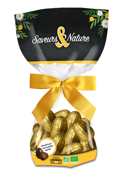 Saveurs & Nature -- Pâques Sachet d’oeufs au praliné enrobés de chocolat noir 55% cacao bio- 150 g