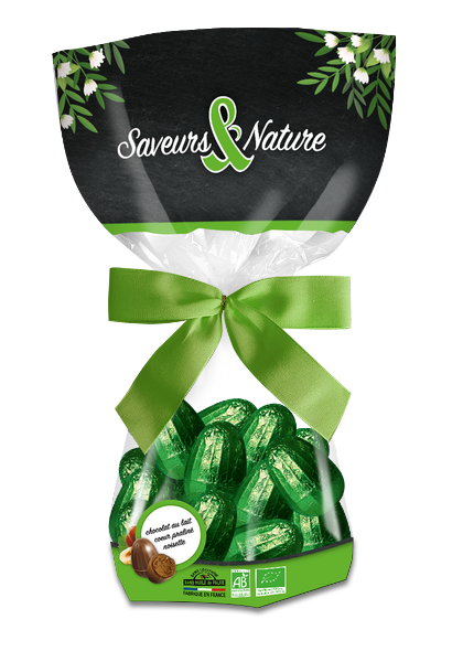 Saveurs & Nature -- Pâques - Sachet d’oeufs au praliné enrobés de chocolat au lait bio - 150g
