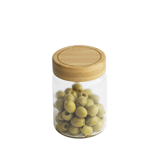 Pebbly -- Bocal rond en verre borosilicate avec couvercle à vis en bambou 450 mL