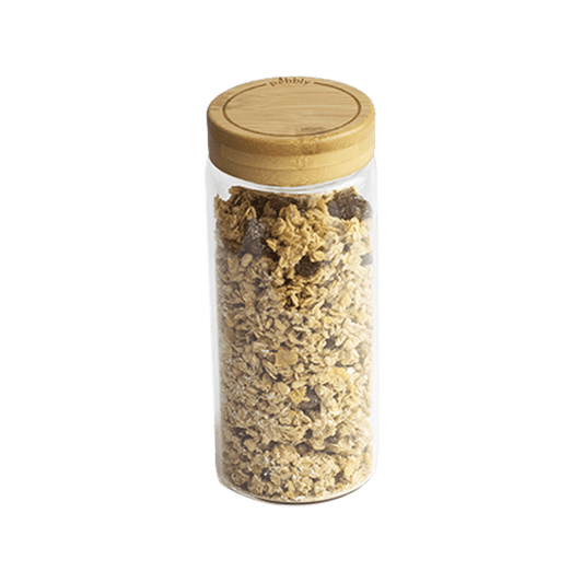 Pebbly -- Bocal rond en verre borosilicate avec couvercle à vis en bambou 650 mL