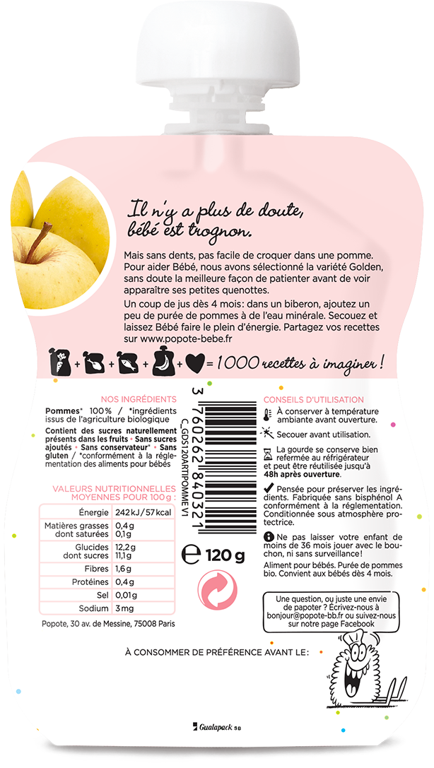 Popote -- Gourde compote pomme lisse bio - 120 g – Aventure bio