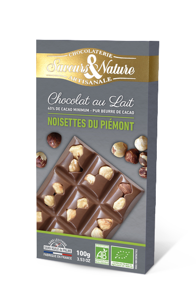 Saveurs & Nature -- Tablette de chocolat au lait 40% de cacao minimum - noisettes entières bio - 100 g