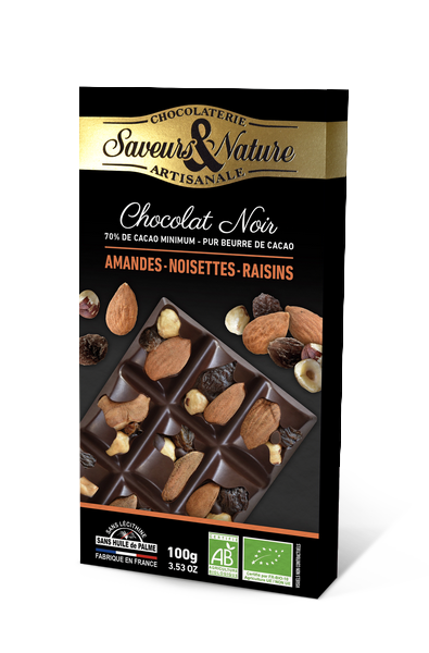 Saveurs & Nature -- Tablette de chocolat noir 70% de cacao minimum - amandes, noisettes et raisins secs bio - 100 g