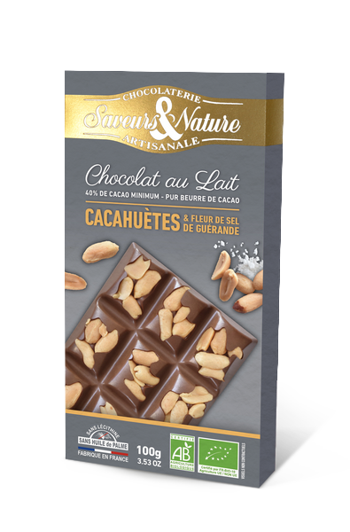 Saveurs & Nature -- Tablette de chocolat au lait 40% de cacao minimum à la fleur de sel de guérande - cacahuètes bio - 100 g