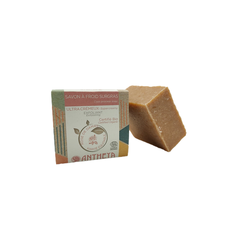 Antheya -- Savon crémeux visage rose de damas - exfoliant peaux sensibles (bande papier) - 90 g
